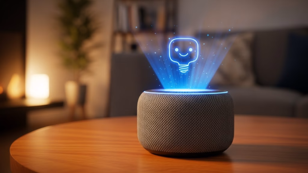 Assistente virtual em forma de alto-falante inteligente projetando um holograma sorridente com formato de lâmpada, em uma sala aconchegante com iluminação suave.