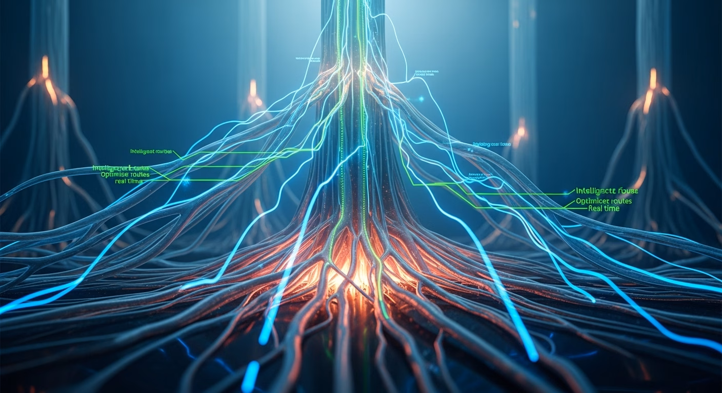 Visualização abstrata de uma rede de dados que lembra as raízes de uma árvore feitas de fibra ótica. Luzes azuis e laranjas correm pelos filamentos, com etiquetas flutuantes indicando "Otimização de rotas em tempo real".