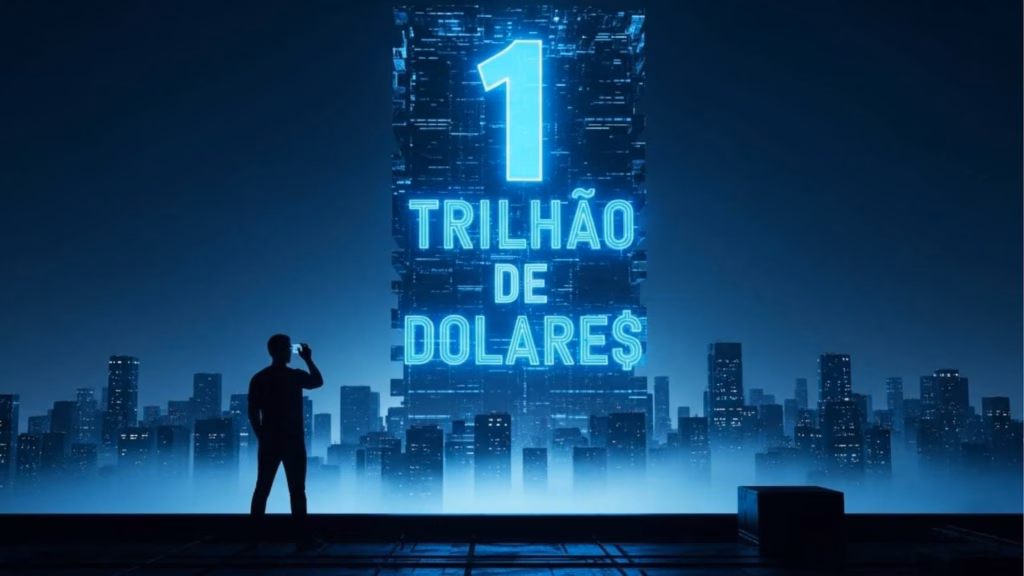 Silhueta de um homem observando um prédio digital gigante no horizonte de uma cidade. O prédio exibe o letreiro luminoso "1 TRILHÃO DE DÓLARES", simbolizando o potencial de mercado e metas de hipercrescimento.