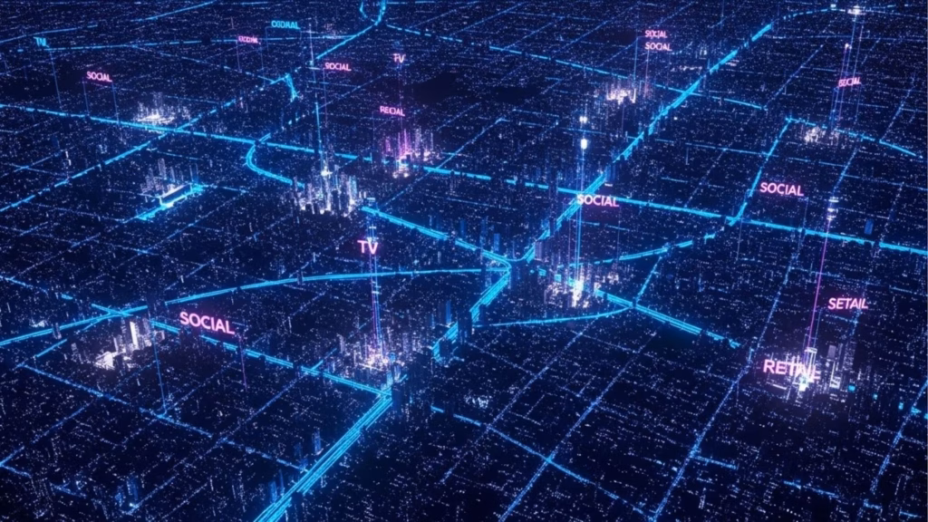 Mapa digital de uma metrópole iluminada por conexões em azul néon. Etiquetas flutuantes identificam canais estratégicos como "SOCIAL", "TV", "RETAIL" e "RECALL", ilustrando uma estratégia omnichannel de crescimento.