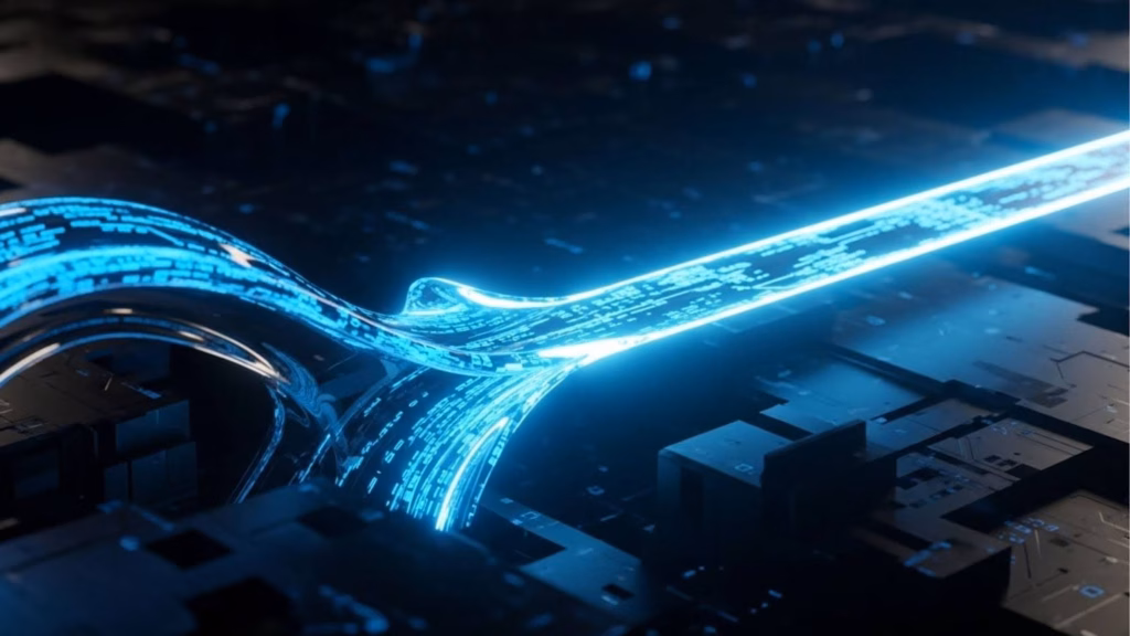 Um feixe de luz azul intensa e dados digitais atravessando um túnel tecnológico curvo. A imagem representa a velocidade de tração e o fluxo de dados em um funil de growth acelerado.