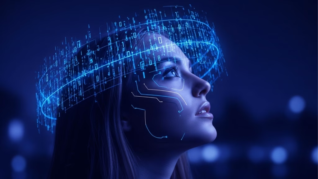 Perfil de uma mulher olhando para cima, cercada por um halo flutuante de códigos binários e dados digitais em azul néon. Linhas de circuitos brilham em seu rosto, simbolizando a integração da identidade humana com a inteligência artificial.