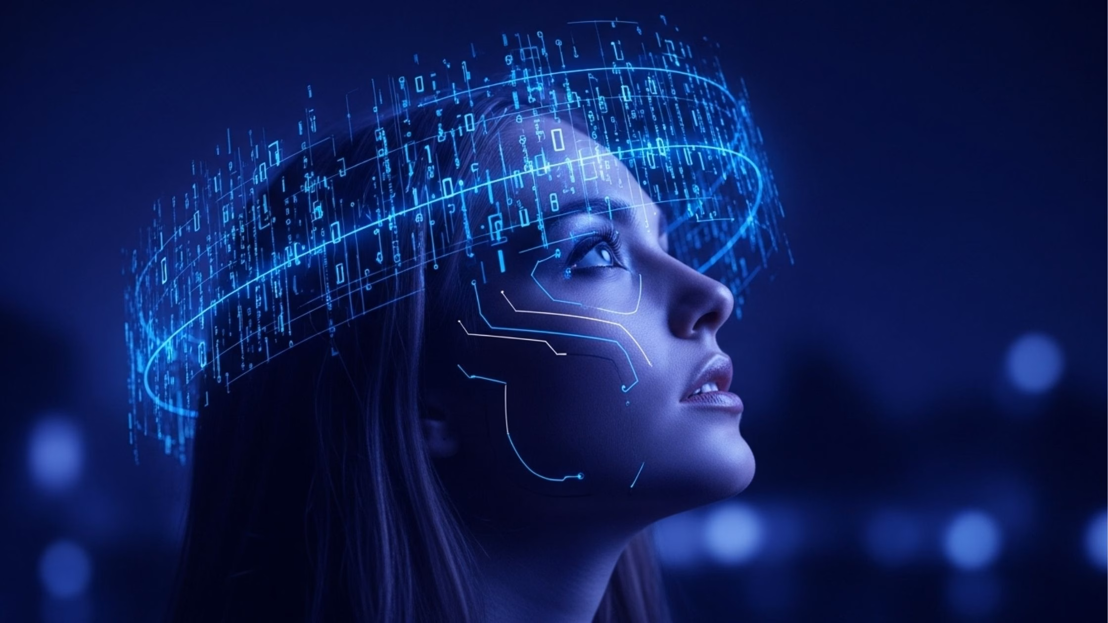 Perfil de uma mulher olhando para cima, cercada por um halo flutuante de códigos binários e dados digitais em azul néon. Linhas de circuitos brilham em seu rosto, simbolizando a integração da identidade humana com a inteligência artificial.