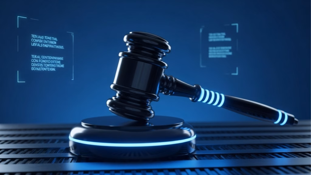 Um martelo de juiz (gavel) futurista com detalhes em azul brilhante, repousando sobre uma base iluminada. Ao fundo, telas translúcidas com textos técnicos sugerem a regulamentação jurídica e as leis no ambiente digital.