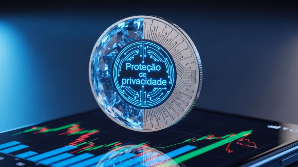 Uma moeda prateada e detalhada equilibrada sobre a tela de um smartphone que exibe gráficos de velas (candlestick). No centro da moeda, brilha a inscrição "Proteção de privacidade", representando o valor dos dados como ativo financeiro.