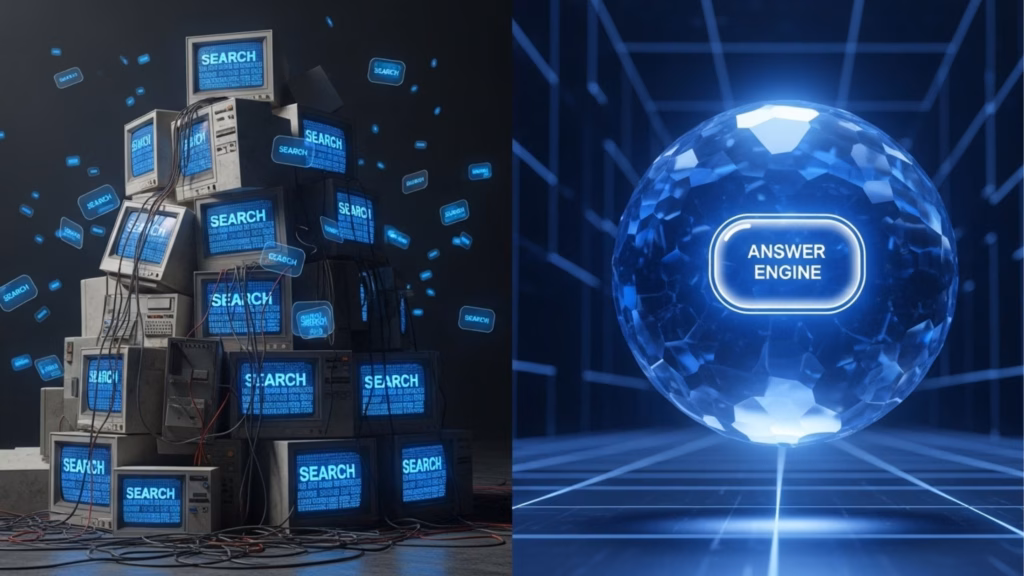 Imagem comparativa. À esquerda, uma pilha de televisores antigos exibindo a palavra "SEARCH". À direita, uma esfera tecnológica flutuante e moderna intitulada "ANSWER ENGINE", ilustrando a evolução da busca para respostas diretas.