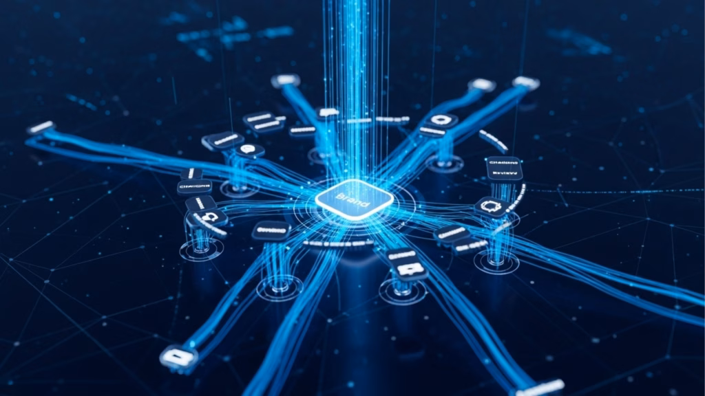 Um núcleo central com o nome "Brand" projeta feixes de luz azul que se conectam a vários ícones e dispositivos ao redor, representando a presença e autoridade de uma marca em uma rede digital.