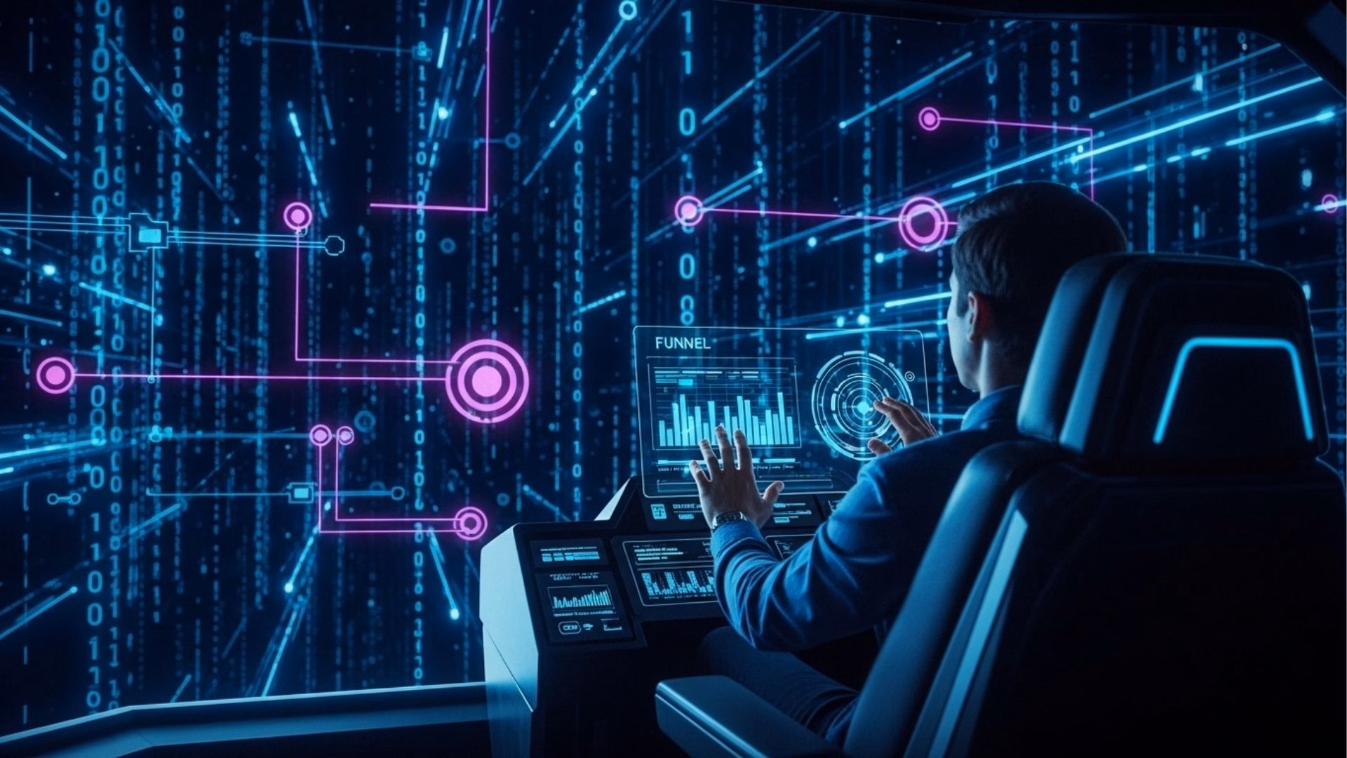 Visão traseira de um homem sentado em uma cabine de comando futurista, operando interfaces holográficas que exibem gráficos de funil de vendas e fluxos de dados binários em azul e roxo. Visão traseira de um homem sentado em uma cabine de comando futurista, operando interfaces holográficas que exibem gráficos de funil de vendas e fluxos de dados binários em azul e roxo.