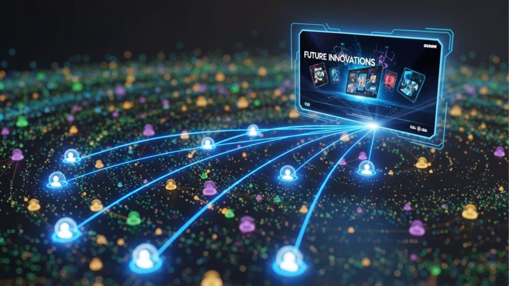 Representação visual de uma rede de usuários global, onde ícones de perfis em bolhas de luz são conectados por linhas azuis a uma tela central intitulada "FUTURE INNOVATIONS". A imagem simboliza a conectividade e o futuro das campanhas digitais.