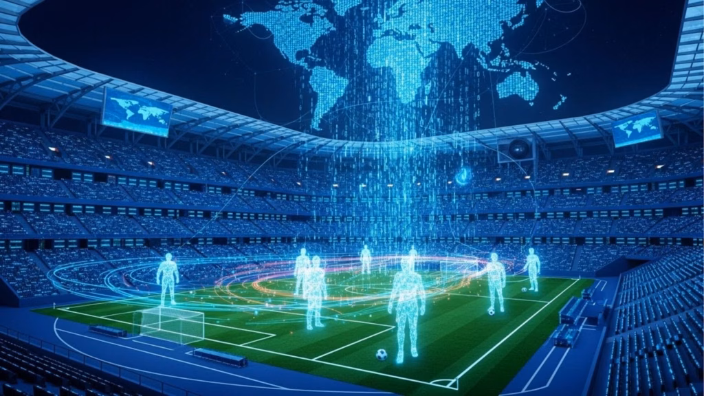 Ilustração digital de um estádio de futebol moderno onde os jogadores são hologramas feitos de dados azuis. Um mapa-múndi digital paira sobre o campo, simbolizando o alcance global e a análise de dados em tempo real no marketing esportivo.