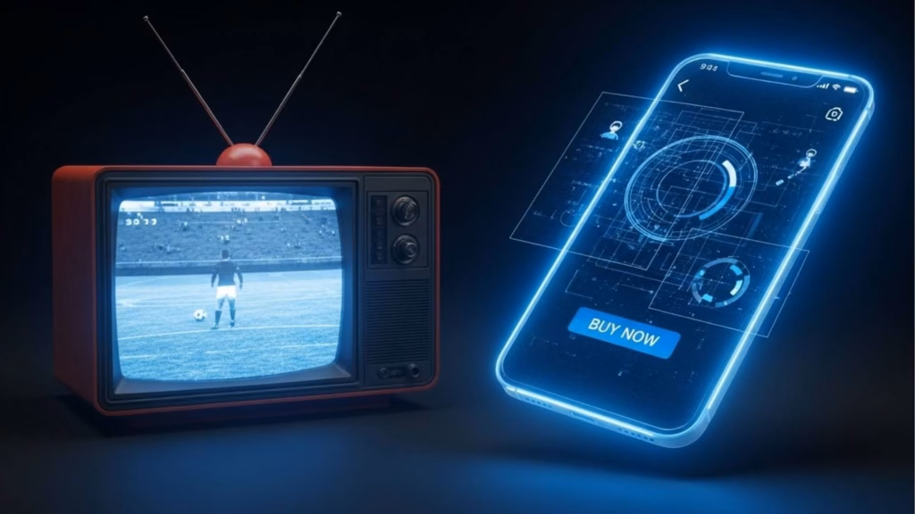 Uma televisão retrô ao lado de um smartphone futurista e brilhante. A TV exibe uma partida de futebol antiga, enquanto o celular mostra uma interface de compra com o botão "BUY NOW", representando a evolução do consumo de mídia do tradicional para o digital.