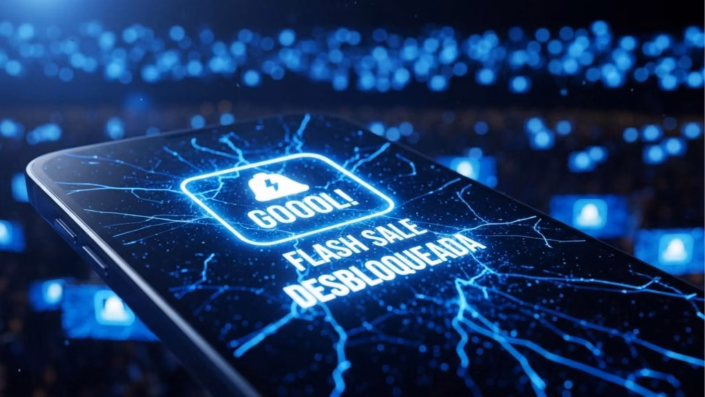 Close-up de um smartphone exibindo uma notificação brilhante com o texto "GOOOL! FLASH SALE DESBLOQUEADA". O fundo mostra luzes desfocadas de uma multidão, ilustrando estratégias de marketing de urgência ativadas por eventos ao vivo.