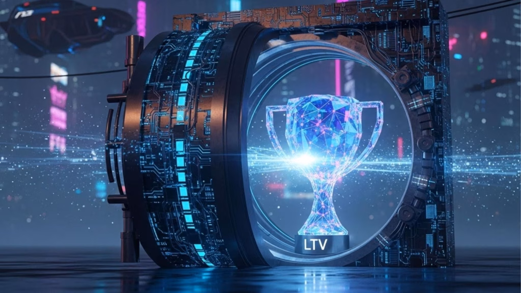 Um troféu holográfico brilhante dentro de uma estrutura tecnológica circular que lembra um cofre ou portal. Na base do troféu, destaca-se a sigla "LTV" (Lifetime Value), simbolizando o sucesso e a retenção de clientes como o objetivo máximo do growth marketing.