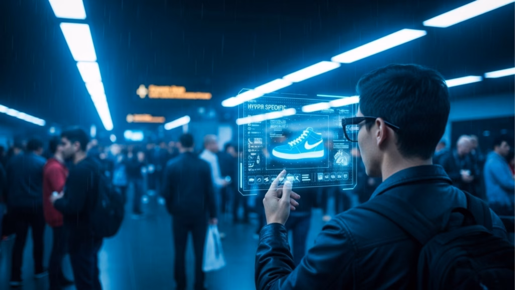 Visão em perspectiva de um homem usando óculos de realidade aumentada em um local público. Ele observa uma interface flutuante que destaca um tênis específico com o selo "HYPER SPECIFIC", ilustrando o marketing contextual em tempo real.