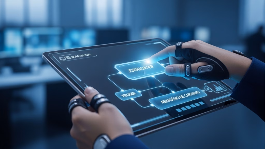 Close-up de mãos usando dispositivos vestíveis (wearables) interagindo com um tablet. A tela exibe um fluxograma de automação com os termos "JORNADA VIP", "TRIGGER" e "ABANDONO DE CARRINHO".