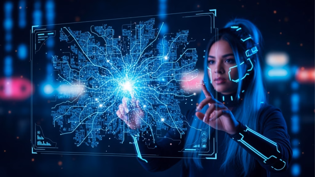 Uma mulher com cabelos azuis e acessórios tecnológicos brilhantes toca em uma tela holográfica que exibe um mapa de rede complexo e radiante. A imagem simboliza a análise de nichos e o mapeamento de comunidades digitais.