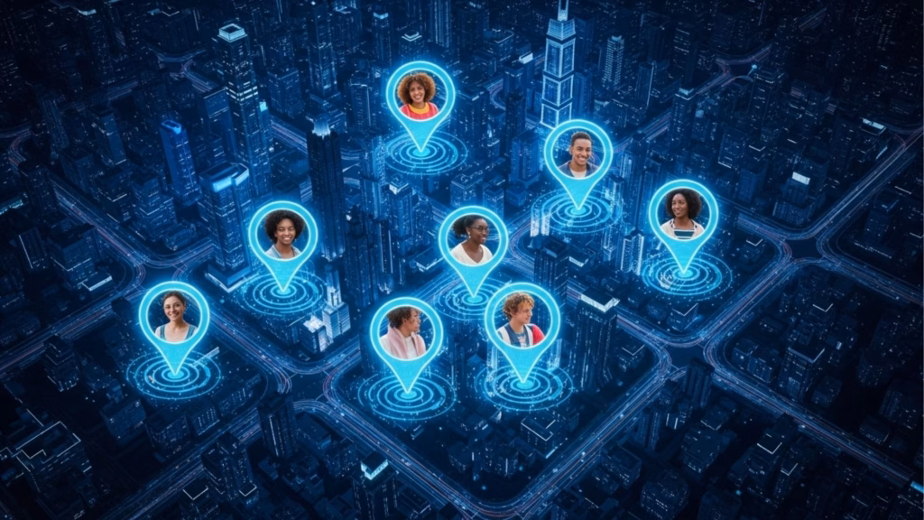 Vista aérea noturna de uma cidade digitalizada com ícones de localização em azul néon espalhados pelo mapa. Cada ícone contém o rosto de uma pessoa diferente, representando a presença geográfica e a segmentação local de micro-influenciadores.
