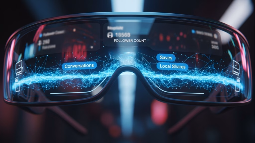 Visão em primeira pessoa através de óculos de realidade aumentada. As lentes exibem métricas flutuantes como "Follower Count", "Saves", "Conversations" e "Local Shares", conectadas por uma rede neural azul, simbolizando as métricas de engajamento real.