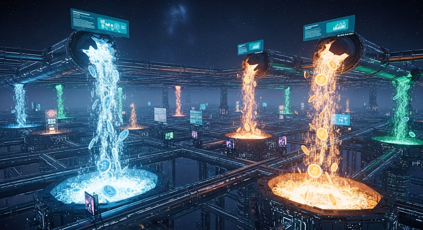 Ilustração digital de um sistema complexo de encanamentos industriais futuristas. De grandes canos metálicos, jorram cascatas de moedas douradas e luzes coloridas (azul, laranja e verde) em reservatórios tecnológicos, simbolizando o fluxo de receita otimizado e a integração de dados financeiros.