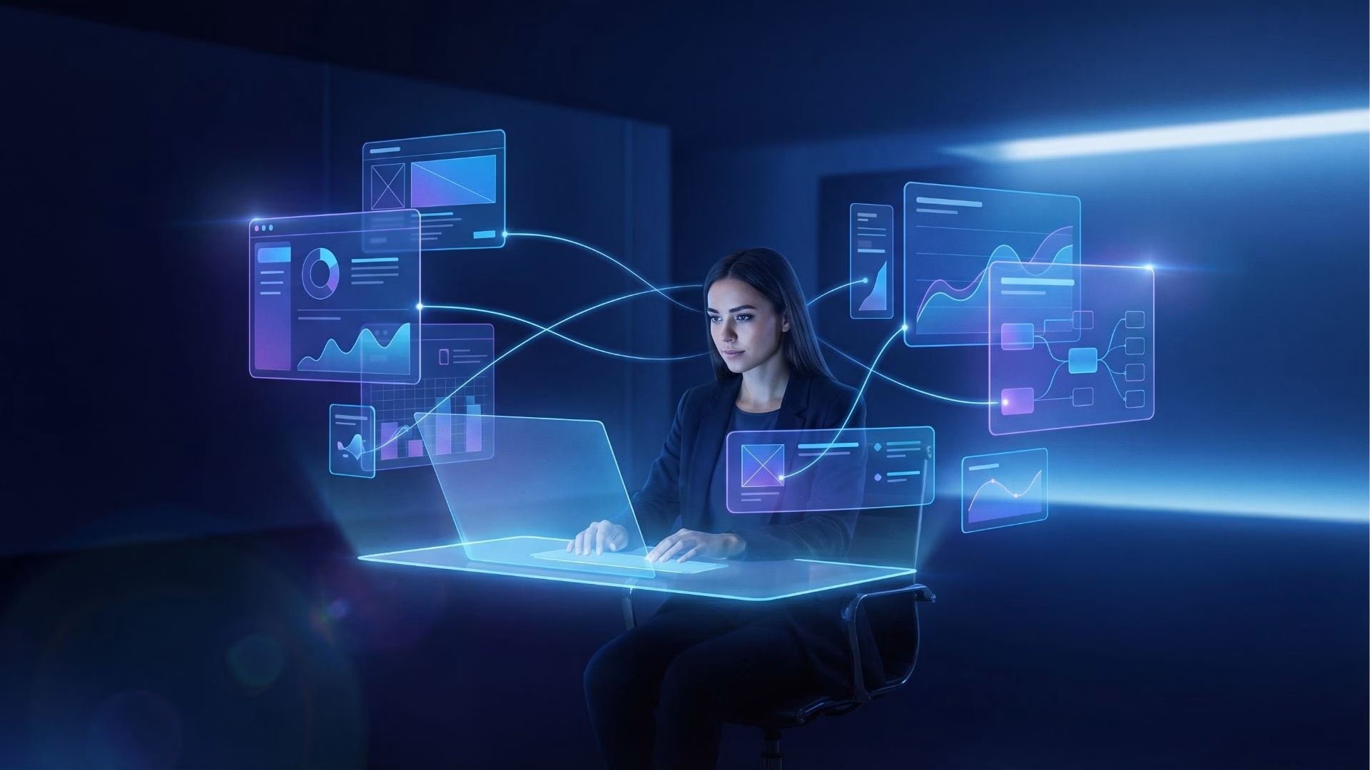 Uma mulher jovem com traje corporativo escuro sentada, trabalhando em um ambiente tecnológico noturno. Ela digita de forma concentrada em um laptop de vidro transparente apoiado sobre uma mesa com bordas de luz neon ciano. Ao redor dela, flutuam várias telas holográficas translúcidas em tons de azul e roxo, interligadas por finas linhas brilhantes. Estas telas exibem interfaces de dados complexas, incluindo gráficos de barras, gráficos de pizza, linhas de desempenho e diagramas de fluxo de trabalho.