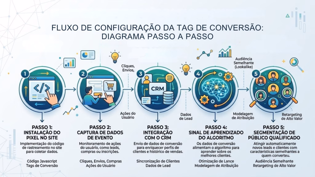 Um infográfico detalhado intitulado 'FLUXO DE CONFIGURAÇÃO DA TAG DE CONVERSÃO: DIAGRAMA PASSO A PASSO', que apresenta um processo circular de 5 passos. Começando com 'Passo 1: Instalação do pixel no site', o fluxograma avança para 'Passo 2: Captura de dados de evento', 'Passo 3: Integração com o CRM', 'Passo 4: Sinal de aprendizado do algoritmo' e termina em 'Passo 5: Segmentação de público qualificado'. Cada passo possui um ícone e breves descrições técnicas em português sobre implementação de código, captura de leads, sincronização de clientes, otimização de lances e audiência semelhante.