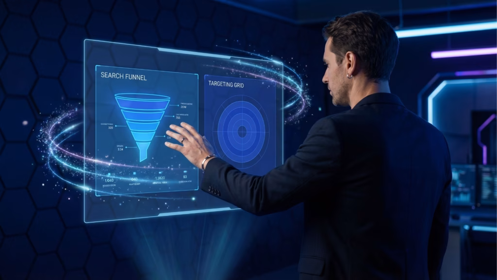 Um homem de terno, visto de perfil, interage tocando em uma grande tela holográfica flutuante em um ambiente de escritório futurista com paredes de padrão hexagonal. A tela azul neon exibe dois painéis principais: "SEARCH FUNNEL" (Funil de Pesquisa) à esquerda, mostrando um gráfico de funil em camadas, e "TARGETING GRID" (Grade de Segmentação) à direita, exibindo círculos concêntricos como um alvo. Faixas de luz estelares e partículas brilhantes giram em torno da tela.