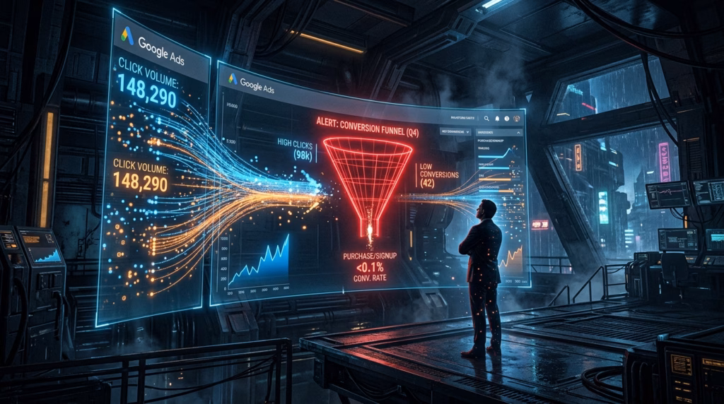 Cena fotorealista de ficção científica dentro de uma central de controle escura e futurista, com chuva visível através de uma janela. Um homem de terno está de costas, olhando para um grande painel holográfico flutuante e curvo do Google Ads. O painel exibe um funil de conversão vermelho brilhante com o título 'ALERT: CONVERSION FUNNEL (Q4)'. Uma seção da esquerda mostra dados de 'Click Volume: 148,290', enquanto o funil destaca 'High Clicks (98k)', 'Low Conversions (42)' e uma taxa de conversão crítica de '