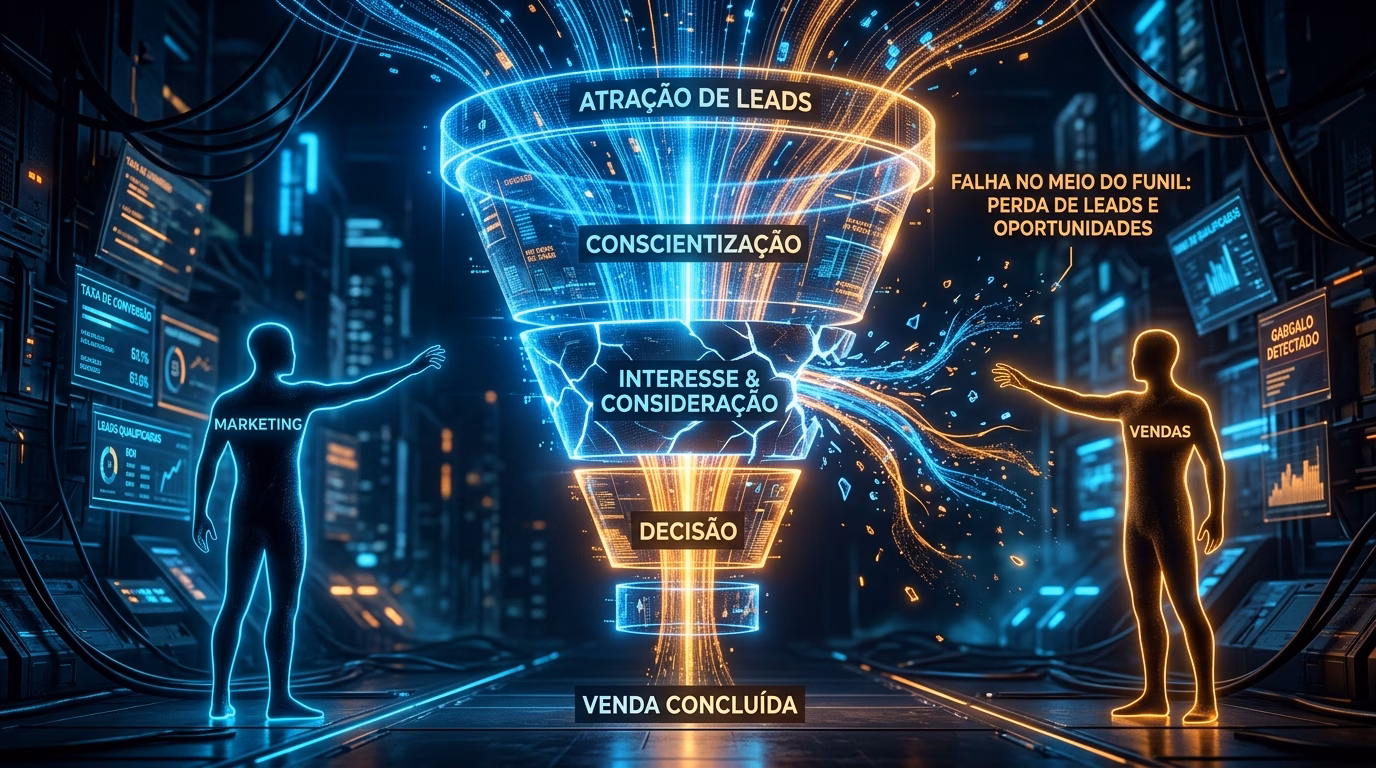 Uma ilustração digital 3D em estilo futurista e cibernético. No centro, um grande funil de dados luminoso e holográfico flutua em um ambiente escuro cheio de servidores. O funil é composto de luzes que mudam de azul no topo para laranja na base. As etapas são rotuladas de cima para baixo: "ATRAÇÃO DE LEADS", "CONSCIENTIZAÇÃO" (em azul), "INTERESSE & CONSIDERAÇÃO", "DECISÃO" e "VENDA CONCLUÍDA" (em laranja). No meio, o funil apresenta uma grande ruptura por onde fluxos de luz escapam, acompanhado do alerta: "FALHA NO MEIO DO FUNIL: PERDA DE LEADS E OPORTUNIDADES". De um lado, uma silhueta humana em neon azul rotulada "MARKETING" interage com o funil; do outro, uma silhueta em neon laranja rotulada "VENDAS" observa o vazamento.