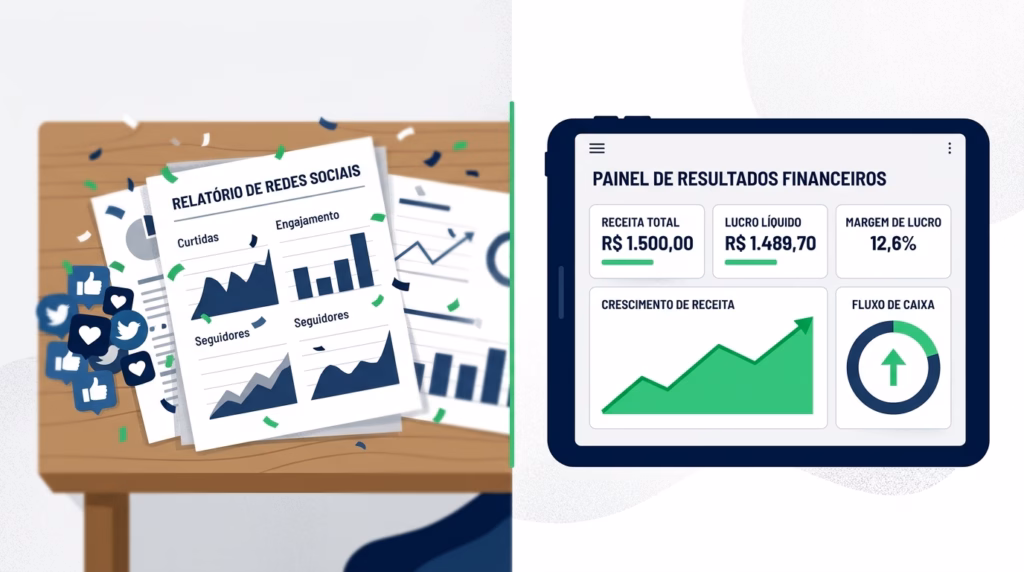 Uma imagem de design dividido em duas partes sobre um fundo de escritório desfocado. À esquerda, uma mesa de madeira ilustrada com relatórios impressos intitulados "RELATÓRIO DE REDES SOCIAIS", exibindo gráficos e métricas como "Curtidas", "Engajamento" e "Seguidores". Um aglomerado de ícones de redes sociais (como Twitter, Facebook e LinkedIn) está ao lado dos papéis. À direita, um tablet digital moderno exibe um "PAINEL DE RESULTADOS FINANCEIROS". O painel inclui widgets para "RECEITA TOTAL" (R$ 1.500,00), "LUCRO LÍQUIDO" (R$ 1.489,70), "MARGEM DE LUCRO" (12,6%), um gráfico de "CRESCIMENTO DE RECEITA" e um medidor de "FLUXO DE CAIXA". Os dados do tablet são fictícios. Uma linha verde central separa as duas seções da imagem.