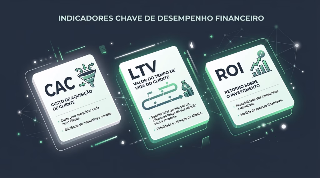 Infográfico digital com três cartas informativas flutuando sobre um fundo escuro com uma rede de conexões neon. O título superior diz "INDICADORES CHAVE DE DESEMPENHO FINANCEIRO". A primeira carta, à esquerda, é sobre "CAC" (Custo de Aquisição de Cliente), ilustrada por um funil de marketing e texto explicativo. A carta central aborda "LTV" (Valor do Tempo de Vida do Cliente), com um ícone de linha do tempo e um saco de dinheiro. A terceira carta, à direita, é sobre "ROI" (Retorno sobre o Investimento), com um ícone de gráfico de barras ascendente e texto explicativo. Todas as cartas têm um brilho verde neon e os textos estão em português, com dados e exemplos hipotéticos.