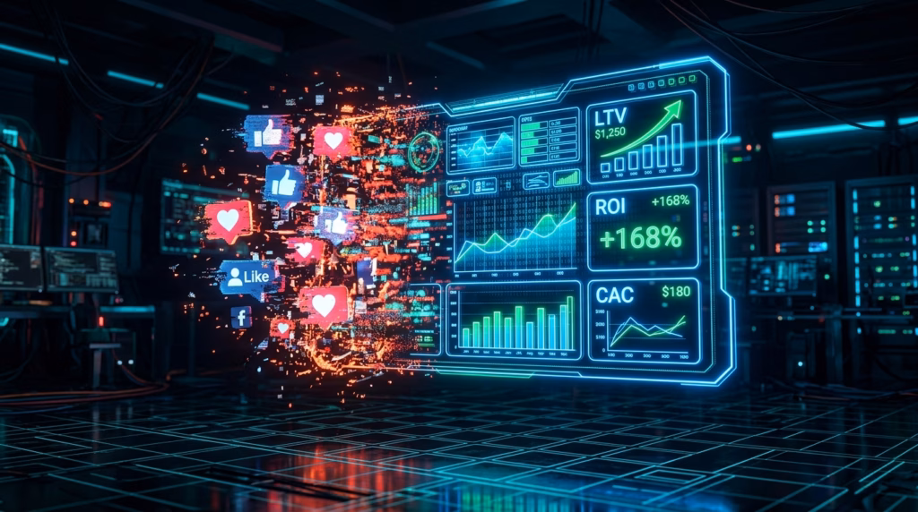 Uma cena futurista de ficção científica dentro de uma sala de controle de dados escura. Do lado esquerdo, um enxame fragmentado e flutuante de ícones de redes sociais (como corações de "curtir", polegares para cima, ícones de perfil) em tons de vermelho e azul parece estar em processo de análise. No centro e à direita, um painel holográfico translúcido de alta tecnologia emite um brilho azul neon. O painel exibe vários gráficos de linha e barras, e métricas específicas de marketing, incluindo "LTV: $1,250", "ROI: +168%", e "CAC: $180", todos em texto neon verde e azul. Os valores são fictícios e a cena tem uma estética "cyberpunk".