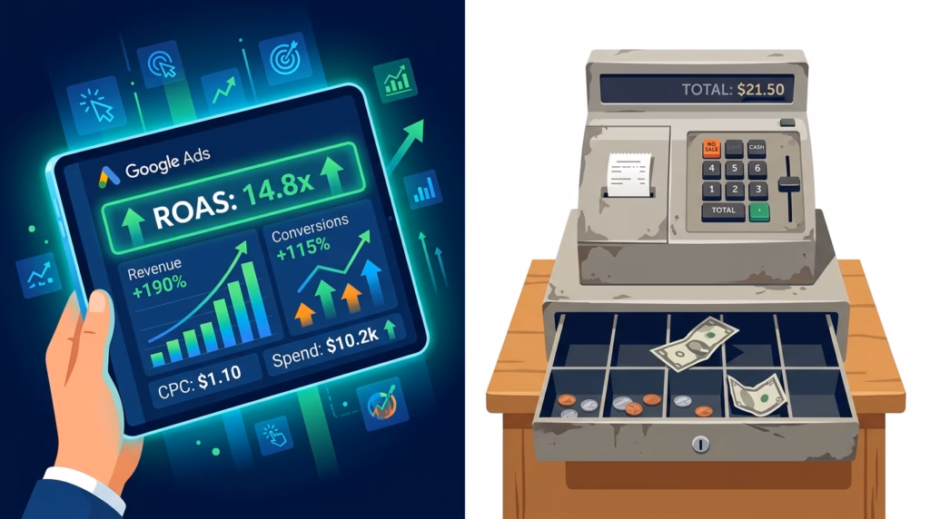 Composição visual dividida em duas partes sobre um fundo contrastante. À esquerda, em um estilo de ilustração digital vibrante, uma mão segura um tablet exibindo métricas do Google Ads, com destaque para um "ROAS: 14.8x", receita de "+190%" e gasto de "$10.2k". À direita, em um estilo de desenho mais rústico e pálido, há uma caixa registradora antiga e aberta sobre uma mesa de madeira, contendo poucas moedas e notas de dólar, totalizando apenas "$21.50". A imagem ilustra a discrepância entre bons números de cliques e o lucro real em caixa.