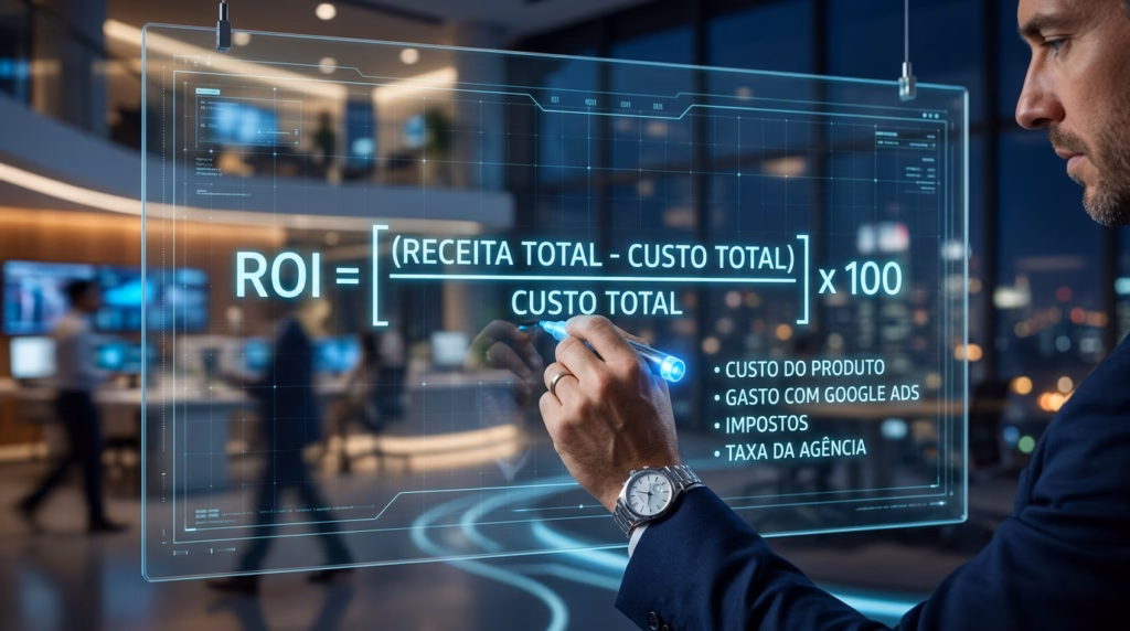 Em um escritório moderno e tecnológico à noite, o perfil de um homem é visto enquanto ele utiliza uma caneta digital para escrever em um painel de vidro transparente e brilhante. No painel, está escrita a fórmula matemática do ROI: $ROI = \frac{(\text{Receita Total} - \text{Custo Total})}{\text{Custo Total}} \times 100$. Abaixo da fórmula, uma lista de itens de custo é destacada: Custo do Produto, Gasto com Google Ads, Impostos e Taxa da Agência. O fundo mostra luzes da cidade e o interior do escritório levemente desfocado.