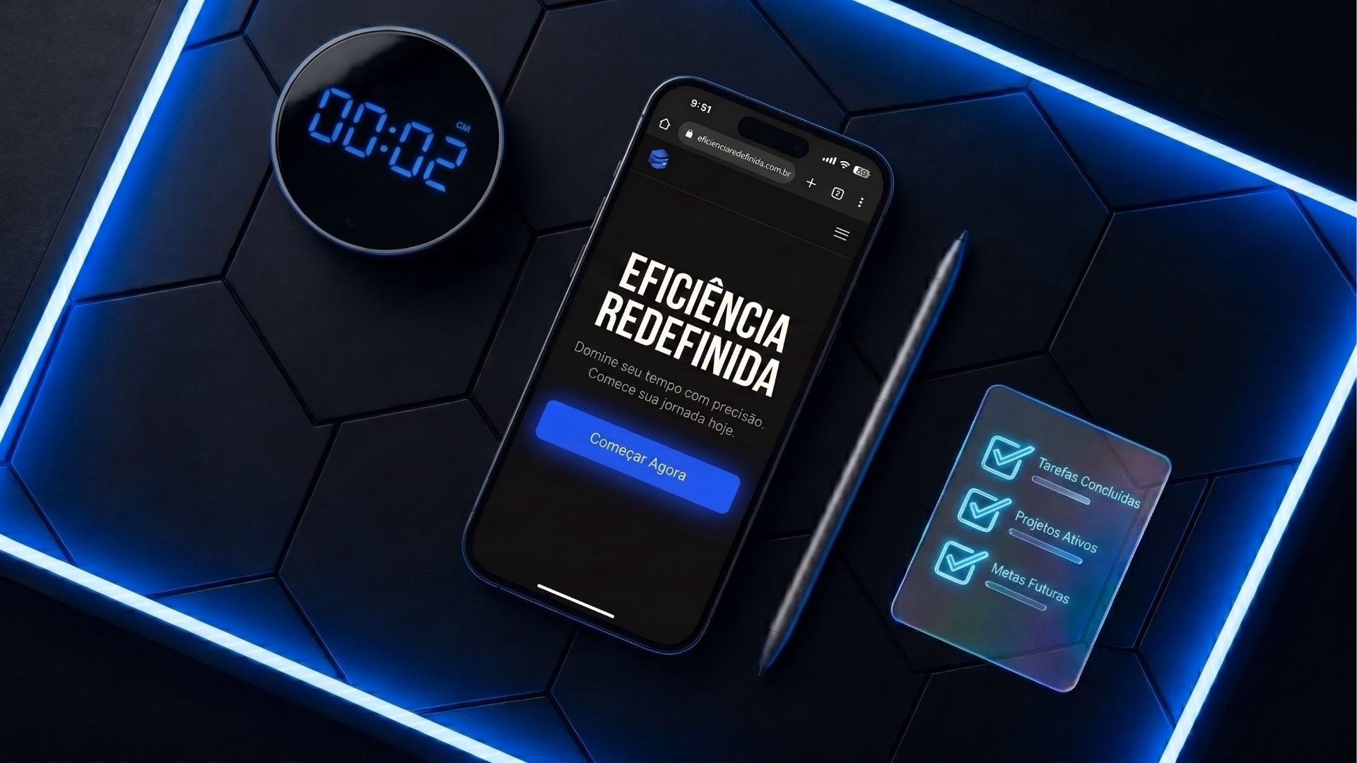 Vista superior de uma superfície escura com textura de favo de mel (hexagonal) delimitada por um contorno de luz neon azul brilhante. No centro, repousa um smartphone exibindo um site minimalista e escuro com o título em letras garrafais brancas "EFICIÊNCIA REDEFINIDA", seguido do texto "Domine seu tempo com precisão. Comece sua jornada hoje." e um botão azul de "Começar Agora". Ao lado do telefone, há um relógio digital circular marcando "00:02", uma caneta stylus metálica e uma placa de vidro transparente com uma lista de verificação em neon azul marcando "Tarefas Concluídas", "Projetos Ativos" e "Metas Futuras".