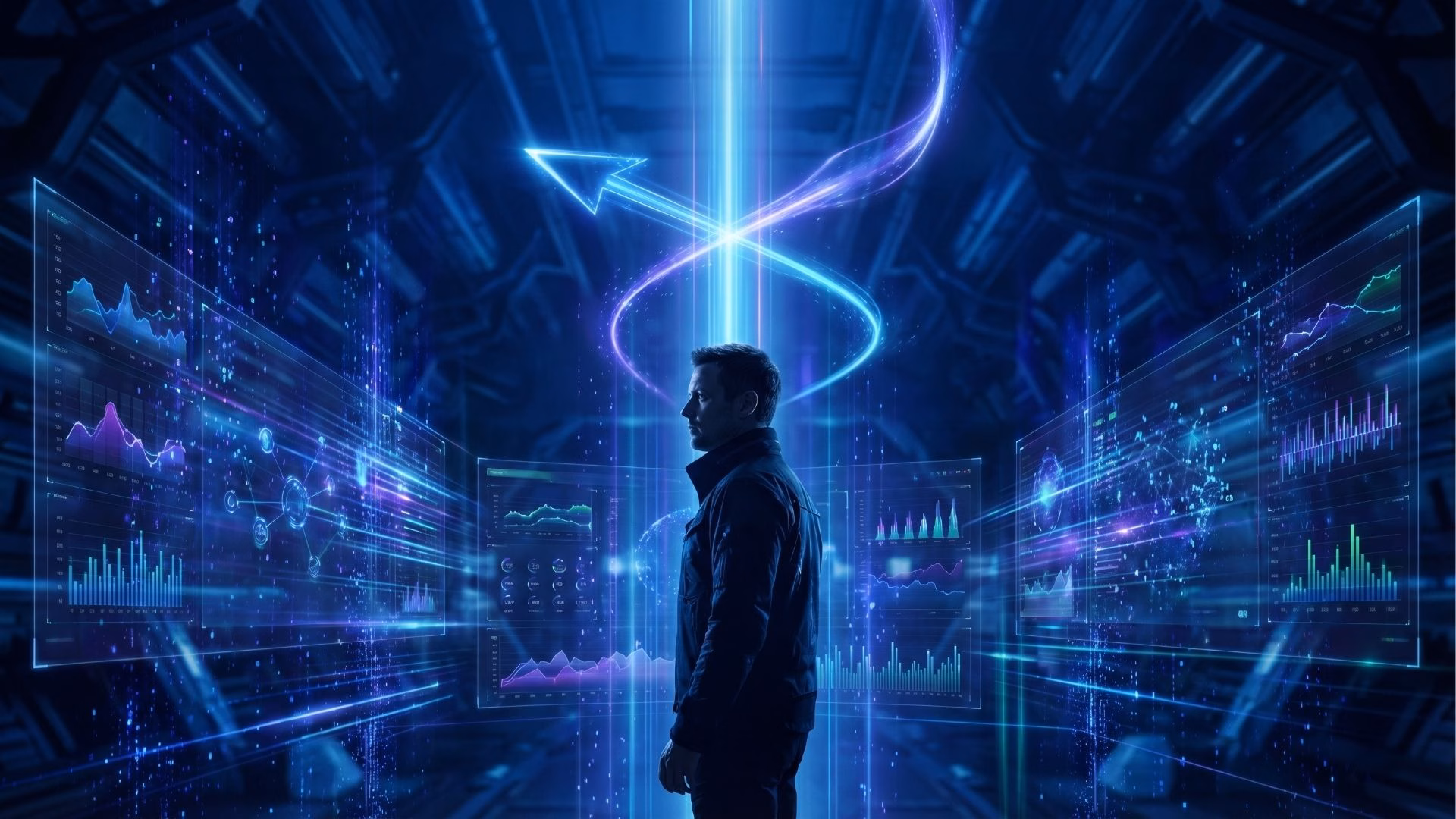 Um homem de perfil usando uma jaqueta escura, imerso em um ambiente futurista. Ele está cercado por grandes telas holográficas flutuantes que exibem gráficos, painéis de dados, estatísticas e redes conectadas em tons vibrantes de azul, ciano e roxo. Acima de sua cabeça, uma seta luminosa envolta por um anel espiral aponta para cima.