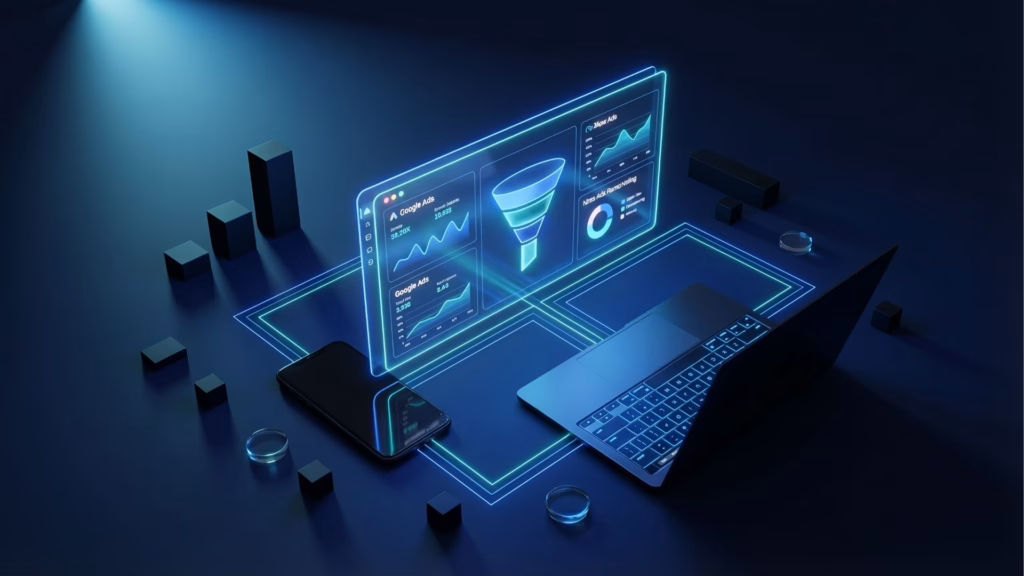 Uma renderização 3D de uma mesa de trabalho digital e futurista. Um laptop aberto e um smartphone deitado estão sobre uma plataforma escura com cubos geométricos flutuantes. Acima deles, uma tela holográfica azul neon projeta um painel de controle do Google Ads com métricas e gráficos, destacando um grande ícone de funil de vendas no centro. Um feixe de luz azul suave ilumina a cena.