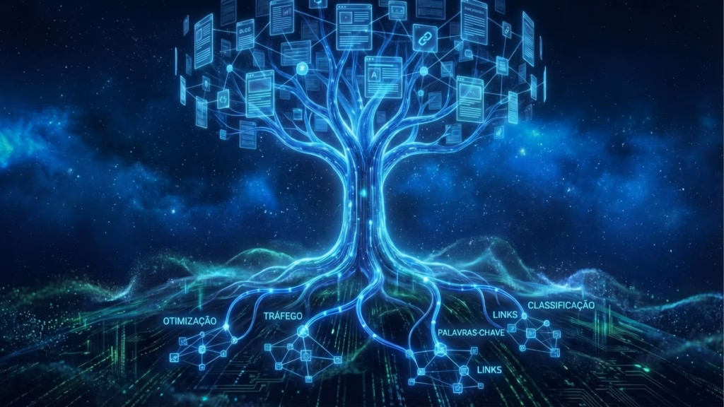 Ilustração de uma árvore cibernética luminosa em tons de azul néon. Suas raízes se espalham por uma paisagem digital e estão conectadas a palavras como "Otimização", "Tráfego", "Palavras-chave" e "Classificação". Nos galhos, em vez de folhas, há ícones de páginas da web, blogs e links.