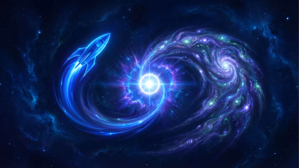 Ilustração digital no espaço escuro mostrando um foguete azul de neon voando em direção a uma nebulosa espiral brilhante, composta por cores vibrantes em tons de azul, roxo e verde, cercada por estrelas.