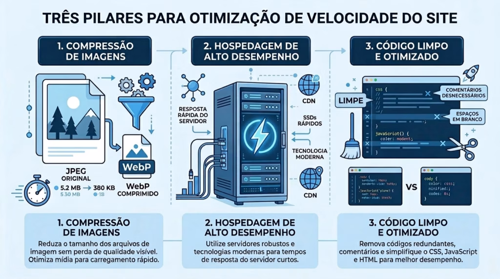 Um infográfico intitulado "TRÊS PILARES PARA OTIMIZAÇÃO DE VELOCIDADE DO SITE" em fundo branco. A imagem é dividida verticalmente em três colunas numeradas. A coluna 1, "COMPRESSÃO DE IMAGENS", mostra uma conversão de um ícone de arquivo JPEG com fotos de montanhas (5.2 MB) através de um funil e engrenagens para um ícone WebP (380 KB), com um relógio de cronômetro no canto. A coluna 2, "HOSPEDAGEM DE ALTO DESEMPENHO", apresenta um gabinete de servidor de computador preto com um símbolo de relâmpago de neon azul, conectado por cabos e setas a ícones de "RESPOSTA RÁPIDA DO SERVIDOR", "CDN" e "SSDs RÁPIDOS". A coluna 3, "CÓDIGO LIMPO E OTIMIZADO", mostra uma janela de navegador 3D flutuante com código CSS sendo limpo por uma escova de vassoura, removendo "COMENTÁRIOS DESNECESSÁRIOS" e "ESPAÇOS EM BRANCO". Abaixo disso, há um snippet de código de "antes" complexo em um editor de texto versus um snippet de "depois" simplificado e minificado. Texto descritivo detalhado em português é fornecido abaixo de cada pilar.