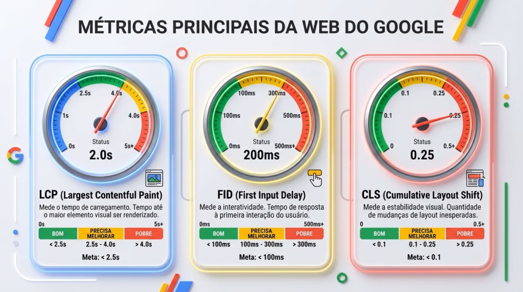 Um infográfico comparativo e colorido intitulado "MÉTRICAS PRINCIPAIS DA WEB DO GOOGLE" em fundo branco. A imagem apresenta três medidores de discagem estilo velocímetro lado a lado, cada um dentro de uma borda de luz neon colorida. O medidor da esquerda tem borda azul e é para "LCP (Largest Contentful Paint)", mostrando um valor de status de "2.0s" no dial com agulha, e zonas de status para BOM, PRECISA MELHORAR e POBRE com valores correspondentes (Meta: < 2.5s). O medidor do meio tem borda amarela e é para "FID (First Input Delay)", mostrando um valor de status de "200ms", e zonas de status correspondentes (Meta: < 100ms). O medidor da direita tem borda vermelha e é para "CLS (Cumulative Layout Shift)", mostrando um valor de status de "0.25", e zonas de status correspondentes (Meta: < 0.1). Texto descritivo detalhado em português e o logotipo do Google estão incluídos.