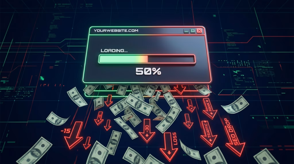 Uma visualização 3D futurista e escura em fundo de grade verde neon. Uma janela de navegador flutuante em 3D tem o texto "YOURWEBSITE.COM" e uma barra de progresso de carregamento verde em "LOADING... 50%". Notas de dólar reais estão caindo em uma cascata da parte inferior da janela. Uma chuva de setas de neon vermelho pontiagudas acompanha as notas de dólar, com rótulos de texto de cabeça para baixo como "LOSS", "TRAFFIC", "RANK" e "SEO DROP". Um rastro de luz verde neon conecta a janela à grade.