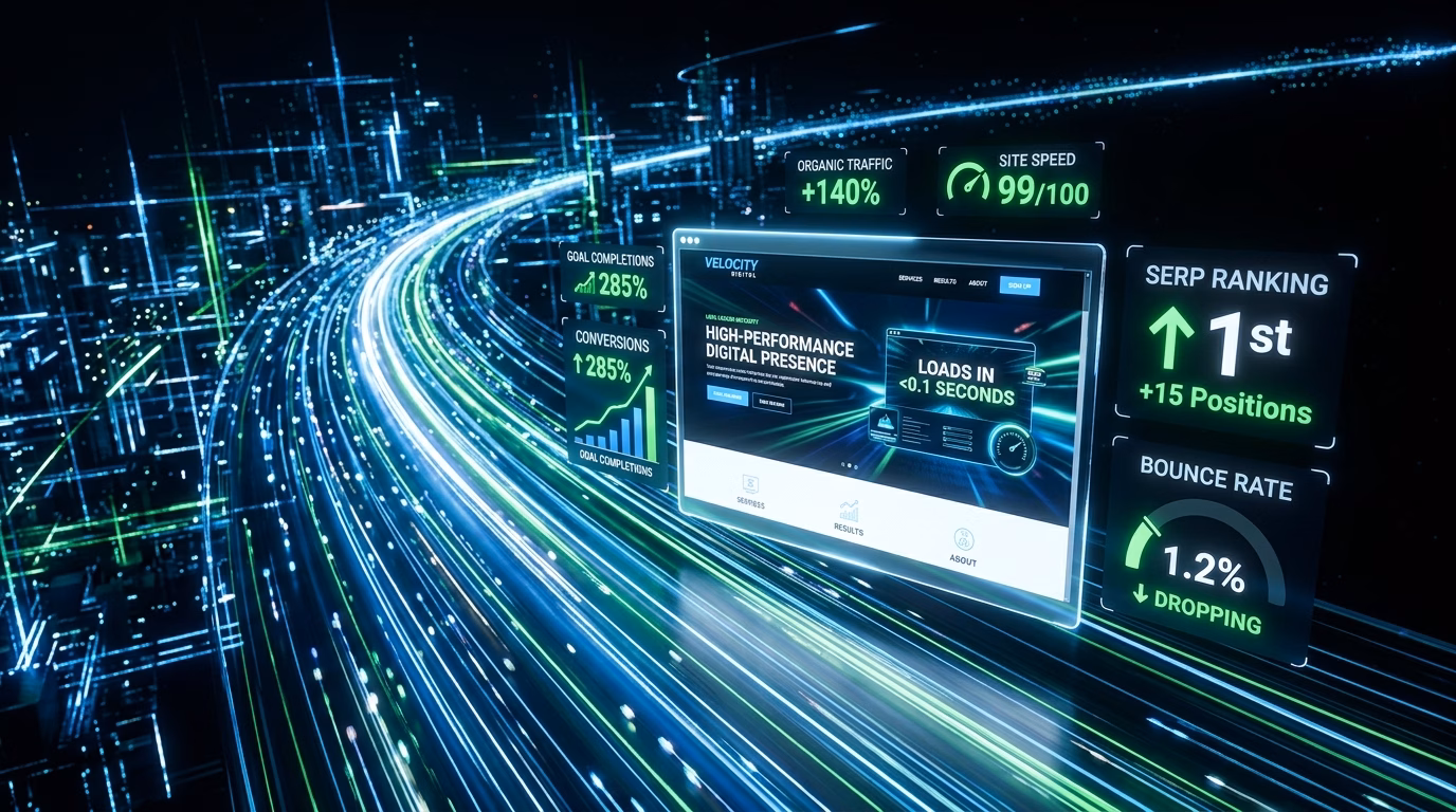 Uma visualização 3D futurista e de alta tecnologia representando a velocidade de dados. À esquerda, uma rodovia curva formada por feixes contínuos de luz neon azul, branca e verde flui em alta velocidade, assemelhando-se a cabos de fibra óptica. No centro-direita, flutua a interface holográfica de um site chamado "VELOCITY DIGITAL", com o texto em destaque "HIGH-PERFORMANCE DIGITAL PRESENCE" e um selo indicando "LOADS IN Uma visualização 3D futurista e de alta tecnologia representando a velocidade de dados. À esquerda, uma rodovia curva formada por feixes contínuos de luz neon azul, branca e verde flui em alta velocidade, assemelhando-se a cabos de fibra óptica. No centro-direita, flutua a interface holográfica de um site chamado "VELOCITY DIGITAL", com o texto em destaque "HIGH-PERFORMANCE DIGITAL PRESENCE" e um selo indicando "LOADS IN
